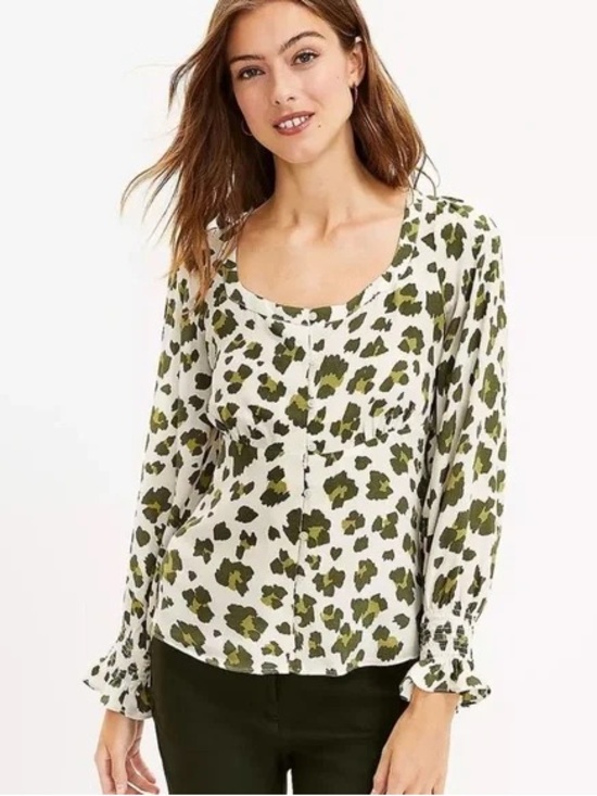 LOFT Tops - LOFT Olive and Cream Leopard Scoop Neck Blouse